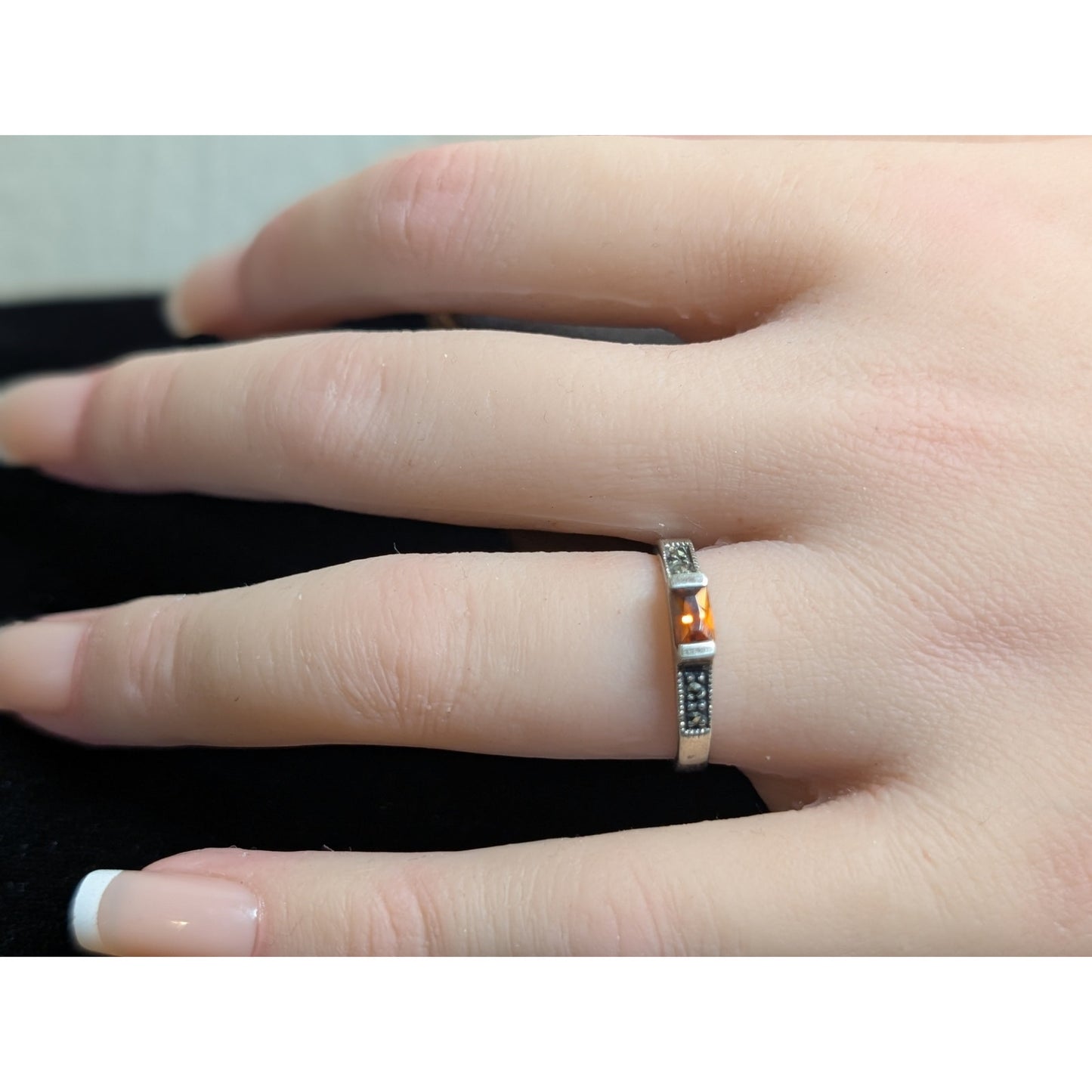 VTG 925 Sterling Silver Marcasite Orange East to West Stone Stack Ring Size 5.75