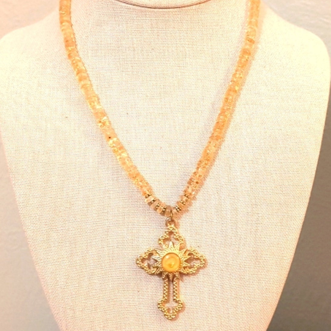Genuine Citrine Bead Chain & Gold Tone Cross Pendant W/ Hook Closure
