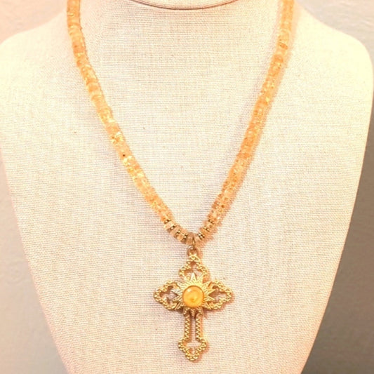 Genuine Citrine Bead Chain & Gold Tone Cross Pendant W/ Hook Closure