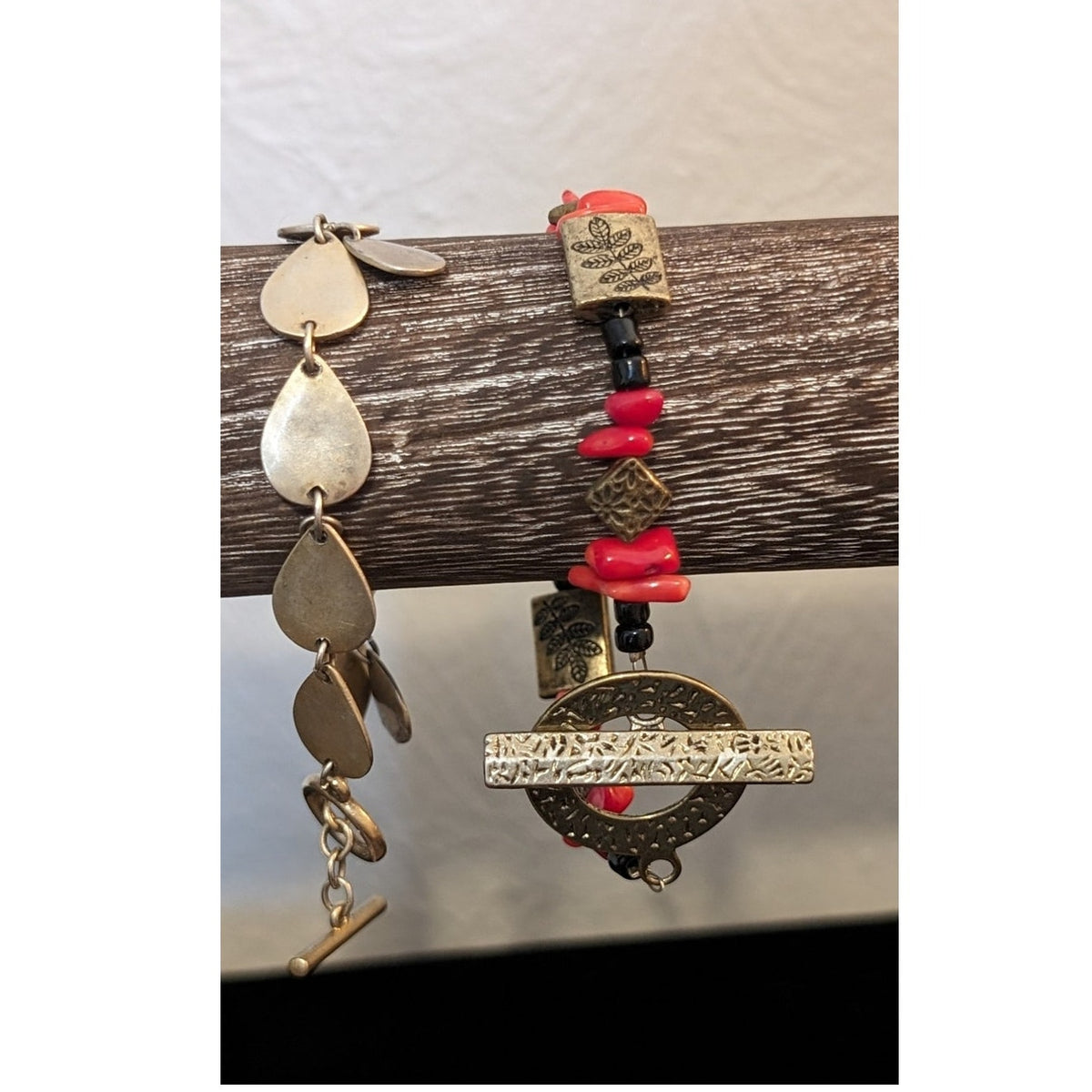 Lot of Two Bronze Tone Red Black Stone Toggle Clasp Bracelets