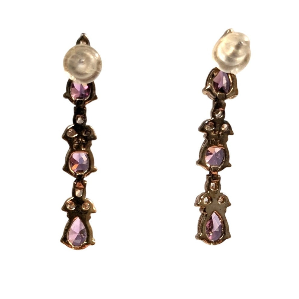 925 Sterling Gold Vermeil Triple Purple Crystal CZ Dangle 1.25" Long Earrings