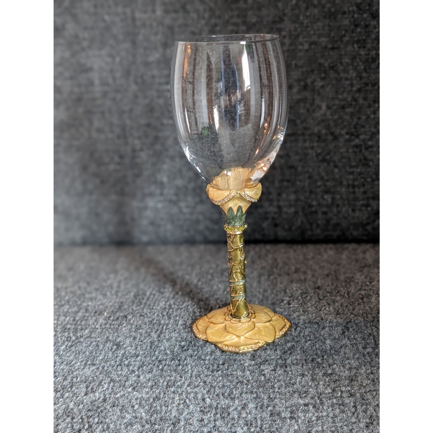 Vintage 2 Saints Yellow Green Enamel Rhinestone Embellished Wine Goblet