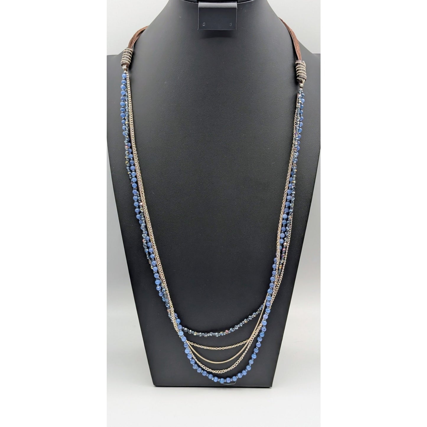 Silver Tone Multi-Chain Blue Bead Rawhide Adjustable Boho Necklace