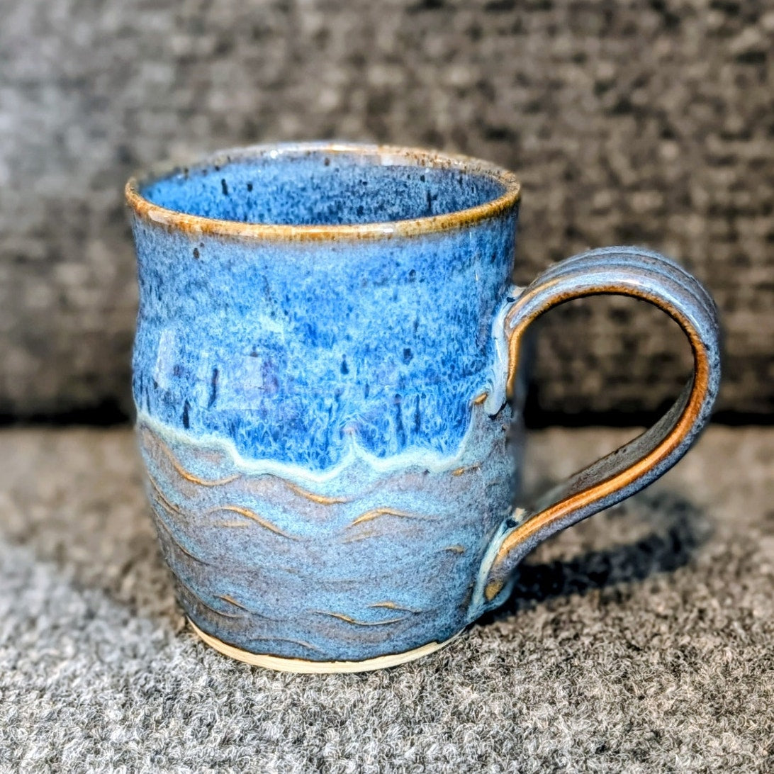 Signed Blue Waves Hand Thrown Pottery Coffee Mug