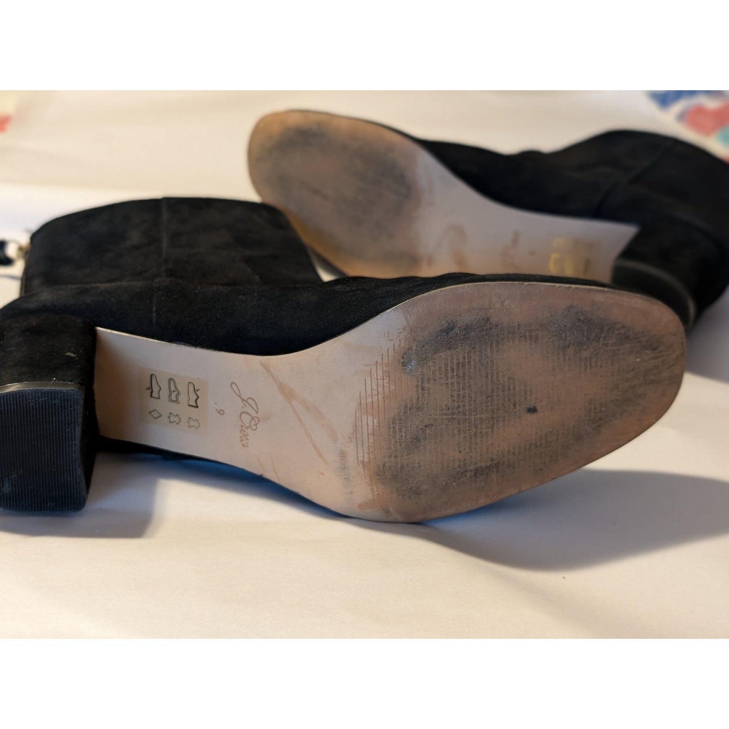 J. Crew Black Suede Round Toe High Ankle Back Zip Chunky Heel Boot Womens Sz 9