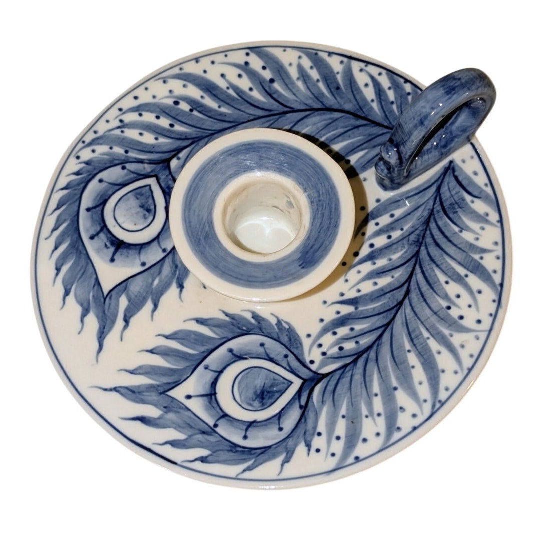 Vintage Blue White Peacock Feather Design Ceramic Chamber Candlestick