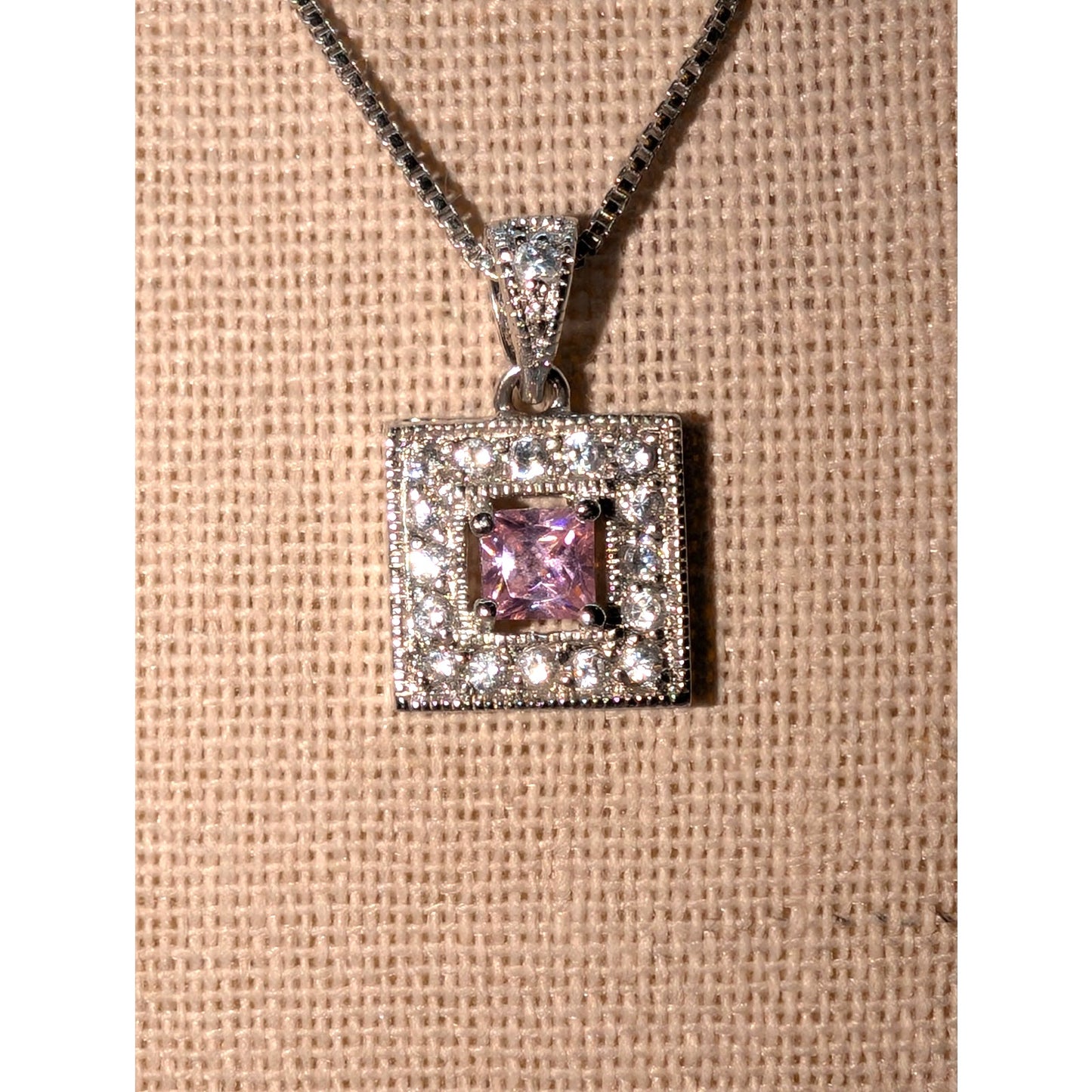 925 Sterling Silver Pink Square Crystal CZ Surround Square Pendant 18" Necklace
