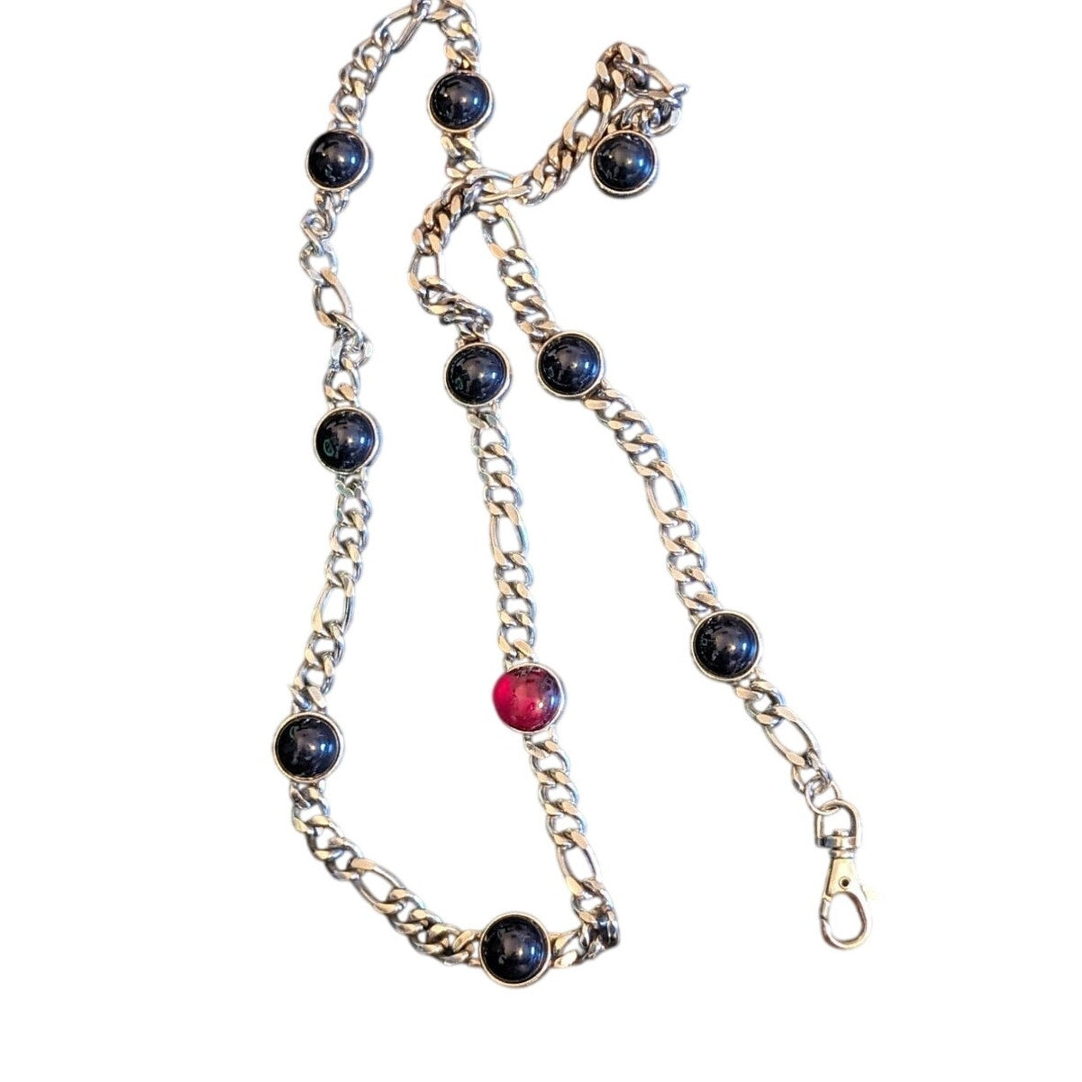 Vintage Black & Red Cabochon Silver Tone Chain Link Belt 41"