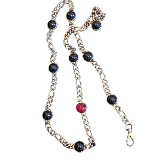 Vintage Black & Red Cabochon Silver Tone Chain Link Belt 41"