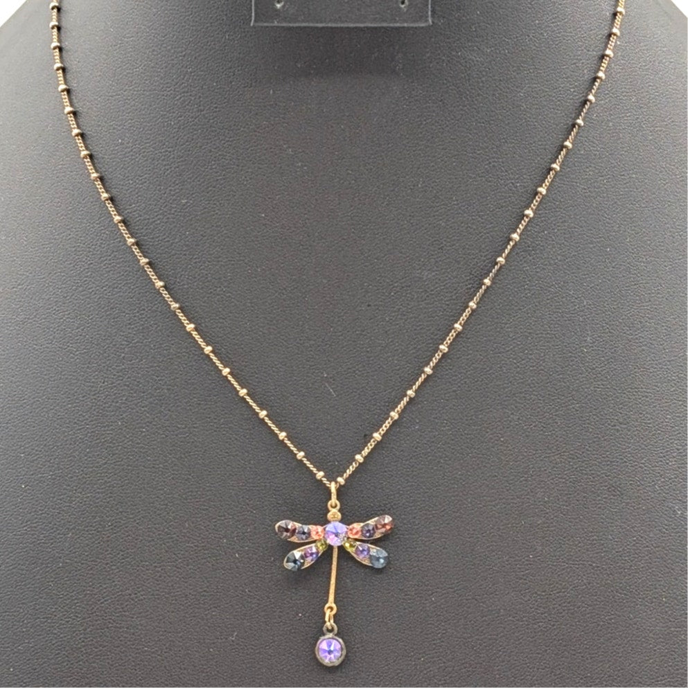 Vtg Anne Koplik Designs Crystal Antiqued Brass Beaded Chain Dragonfly Necklace