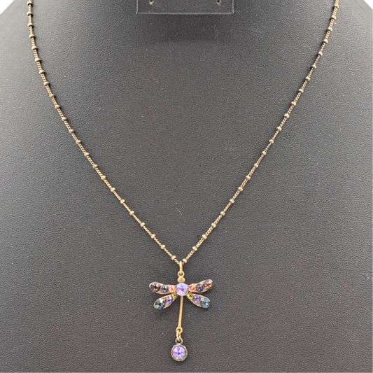 Vtg Anne Koplik Designs Crystal Antiqued Brass Beaded Chain Dragonfly Necklace