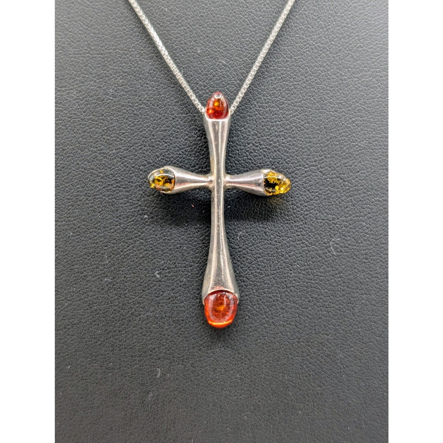 Vintage Baltic Amber 925 Sterling Silver Cross Pendant 18" Chain Necklace