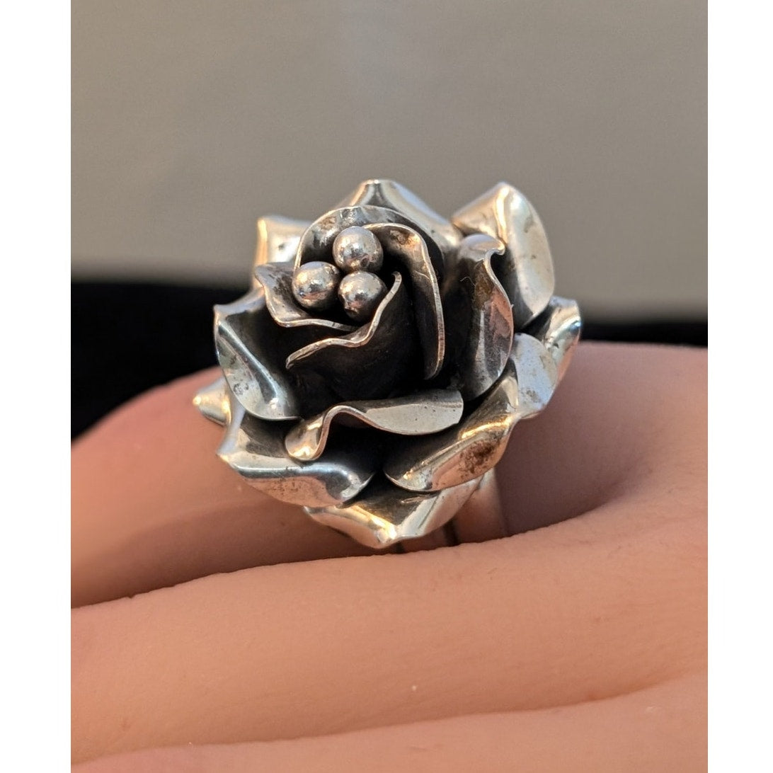 Vintage Mexico 925 Handmade Sterling Silver Large 3D Flower Adjustable Ring 12g