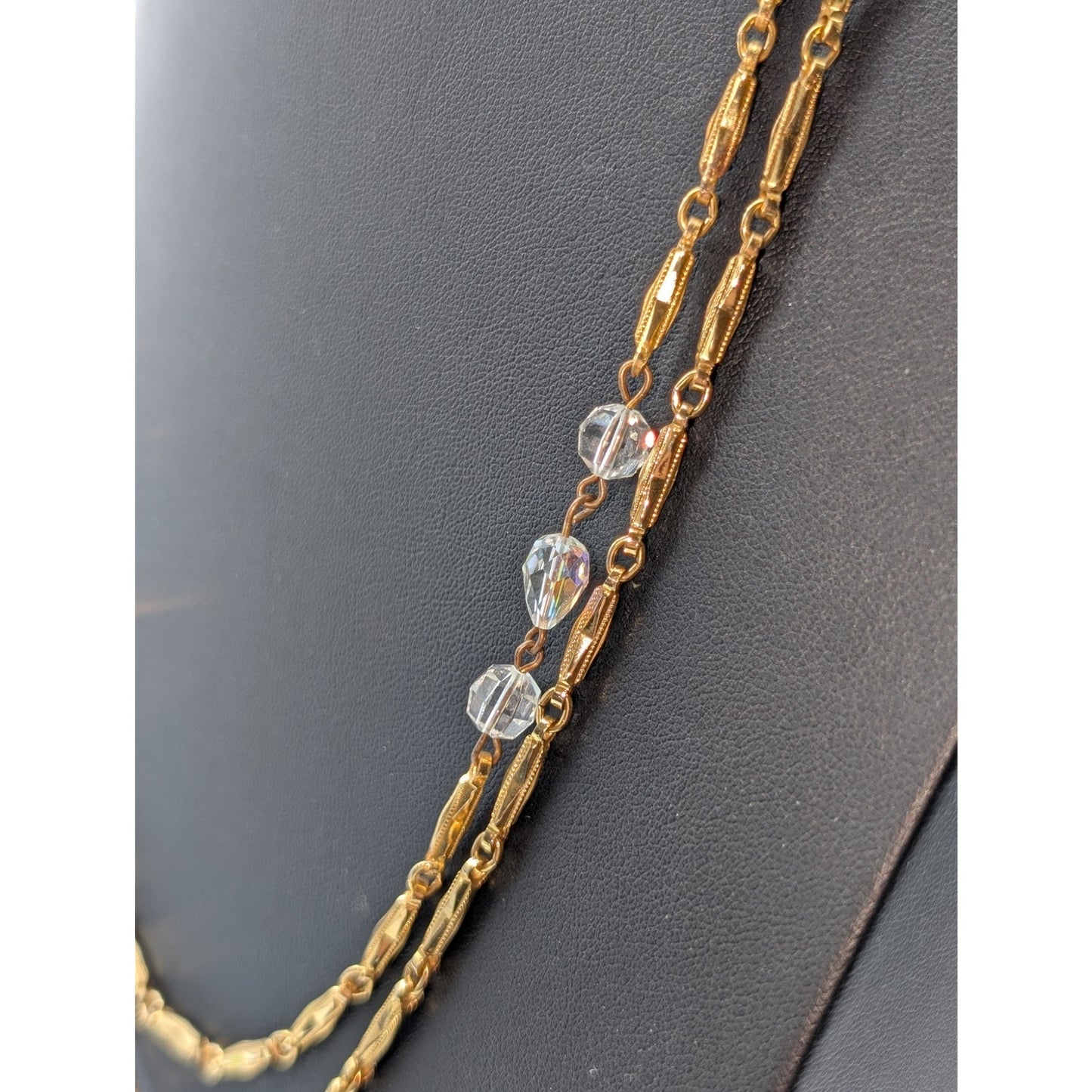 Vintage Glass Crystal Gold Tone Textured Chain Link 48" Long Strand Necklace