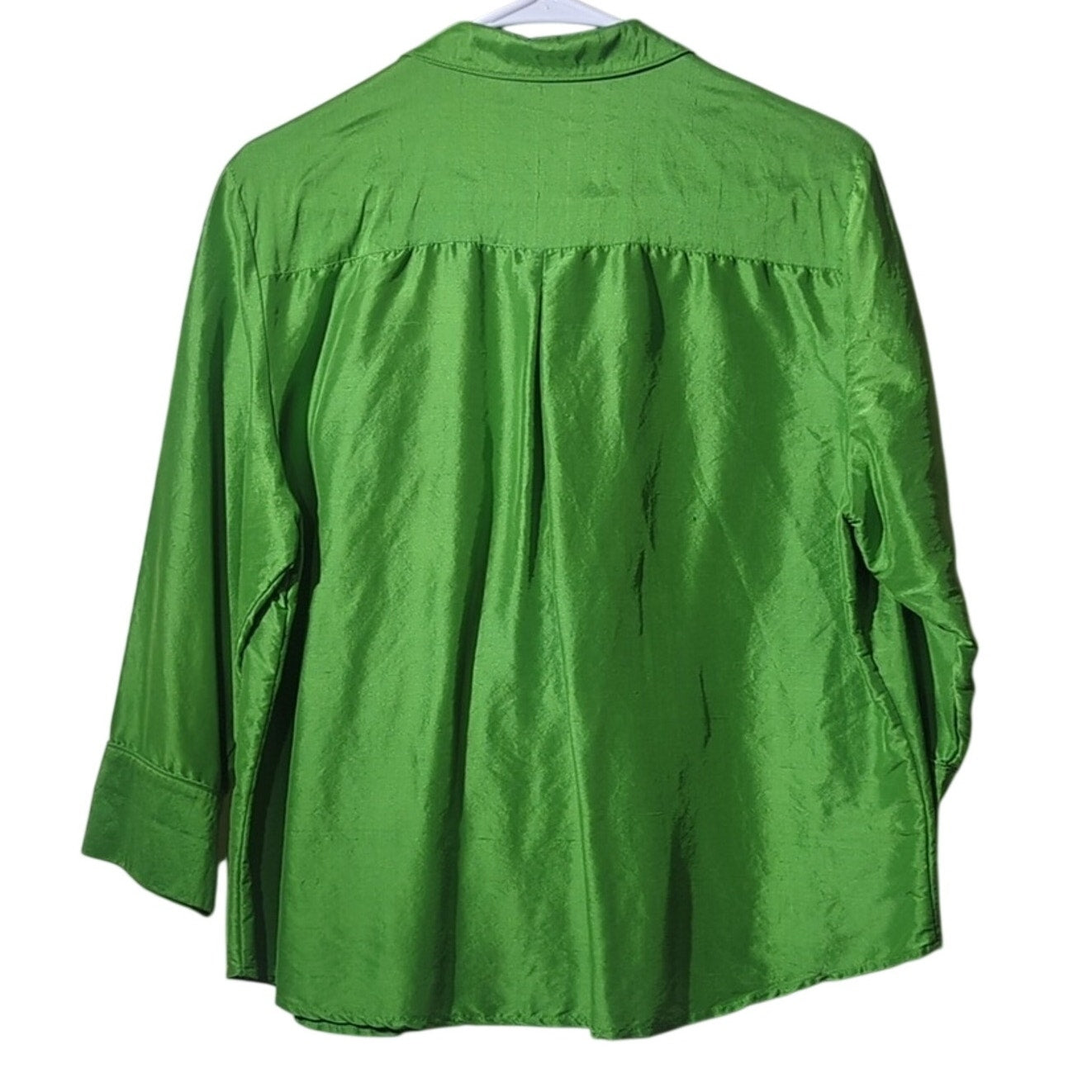 Preston & York Kelly Green 100% Silk Button Front Shirt Women's Petite Size 16P