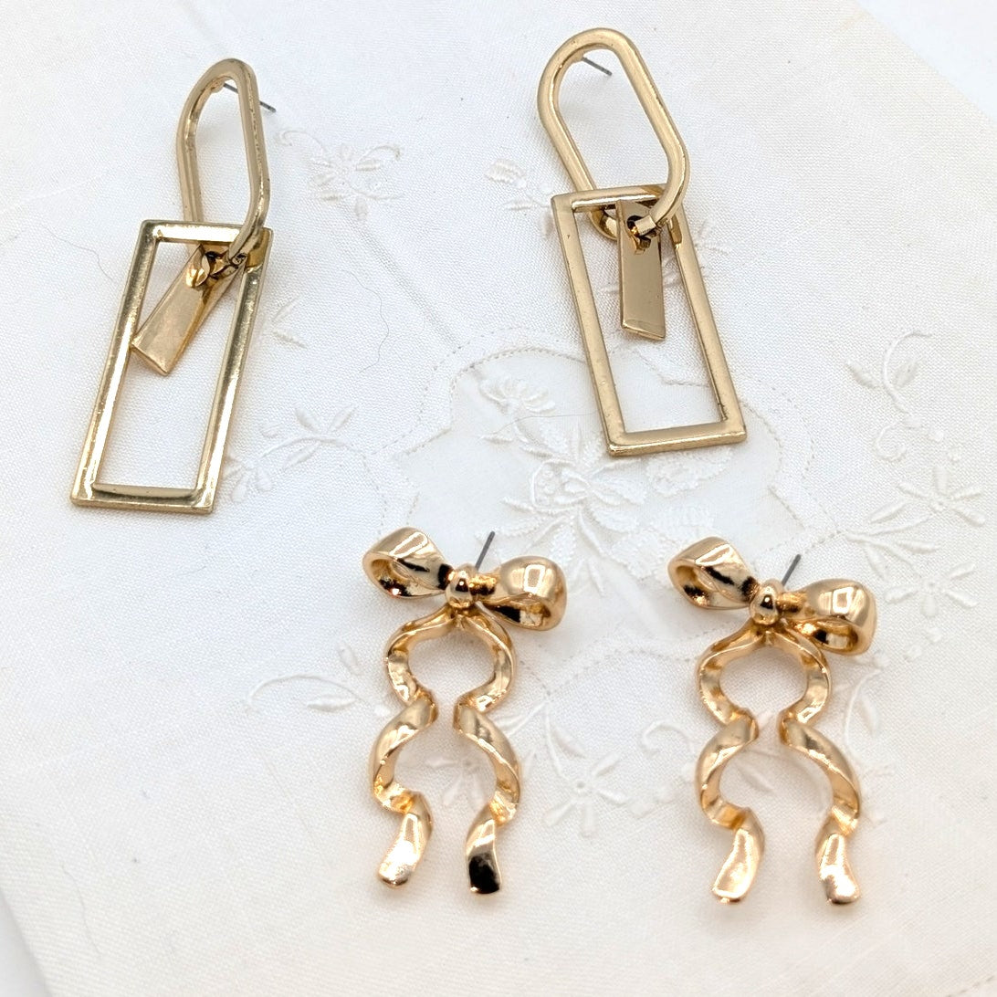 Two Pair Ribbon Bows Geometric Shapes Gold Tone Dangle Pierced Earring Lot