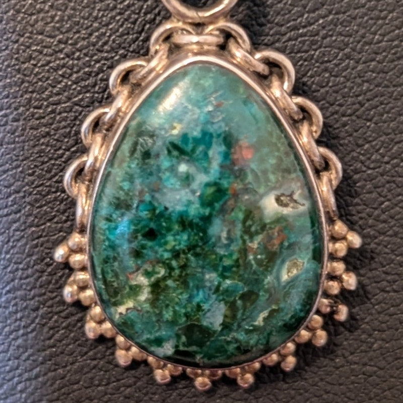Vintage Chrysocolla 925 Sterling Silver Pendant on Bead Ball Chain Marked 925