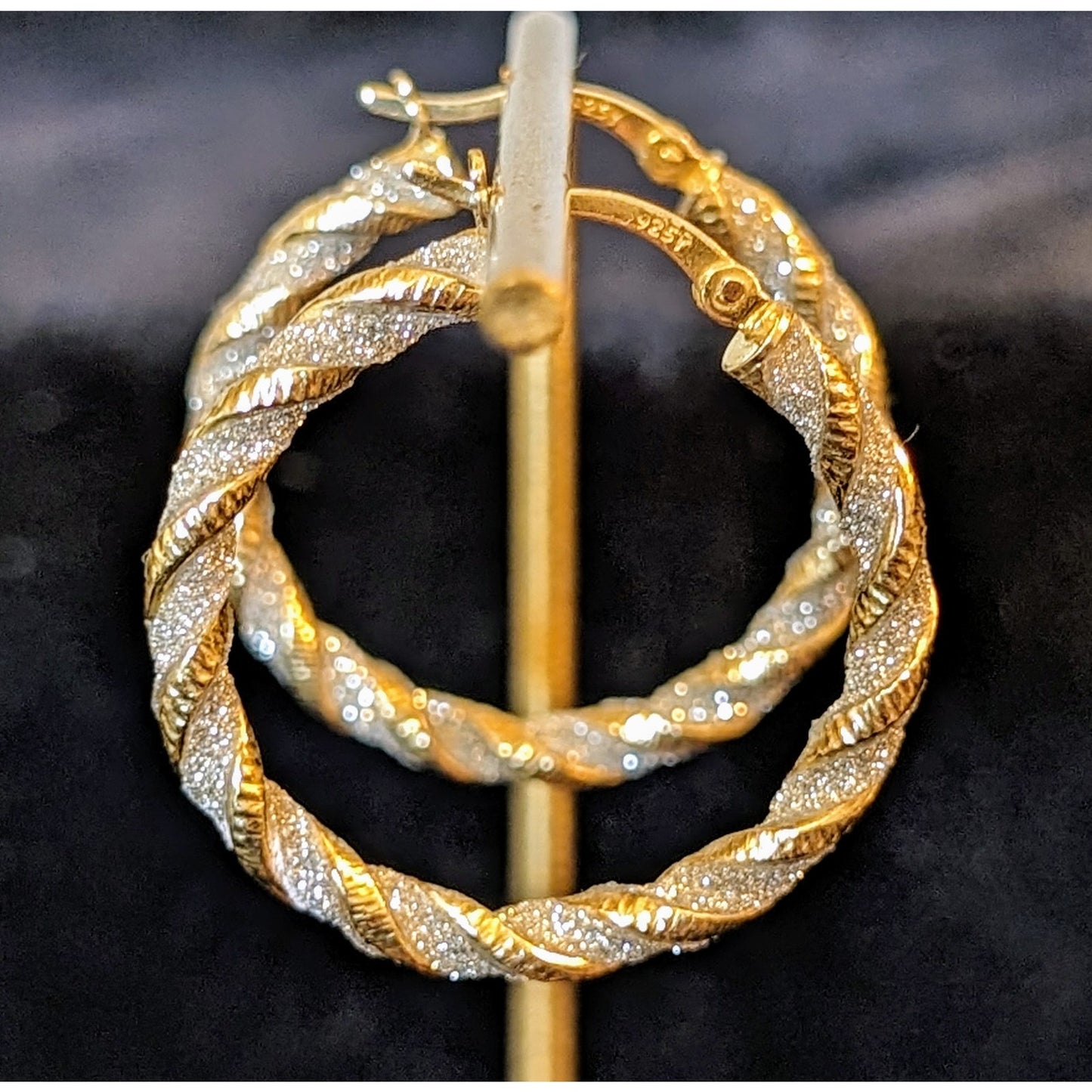 Marked 925 Silver 1.25" Twisted Star Dust French Hinge Hoop Earrings