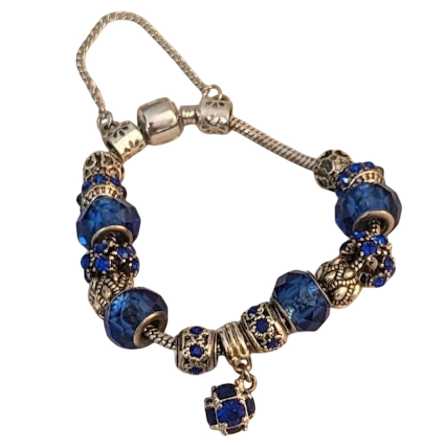 Charm Bracelet With Blue Crystal Beads in Silver Tone Metal with Safety Chain
