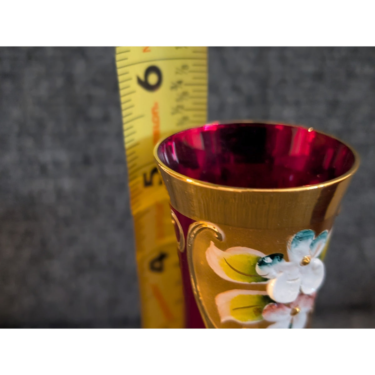 Vtg 50s 2 Red Stem Sherry Glasses Tre Fuochi Murano Italy Venetian Heavy Gilt
