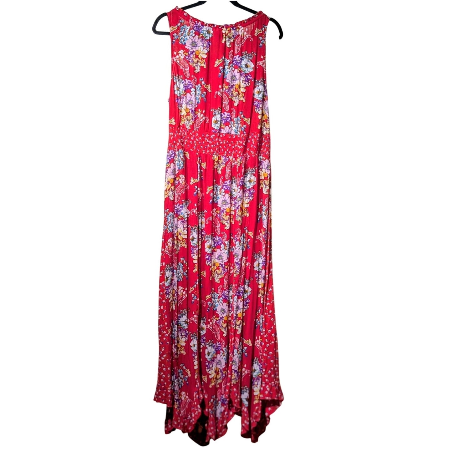Bila Ruffled Smocked Boho Hippie Red Floral Maxi Dress Women's Size XL