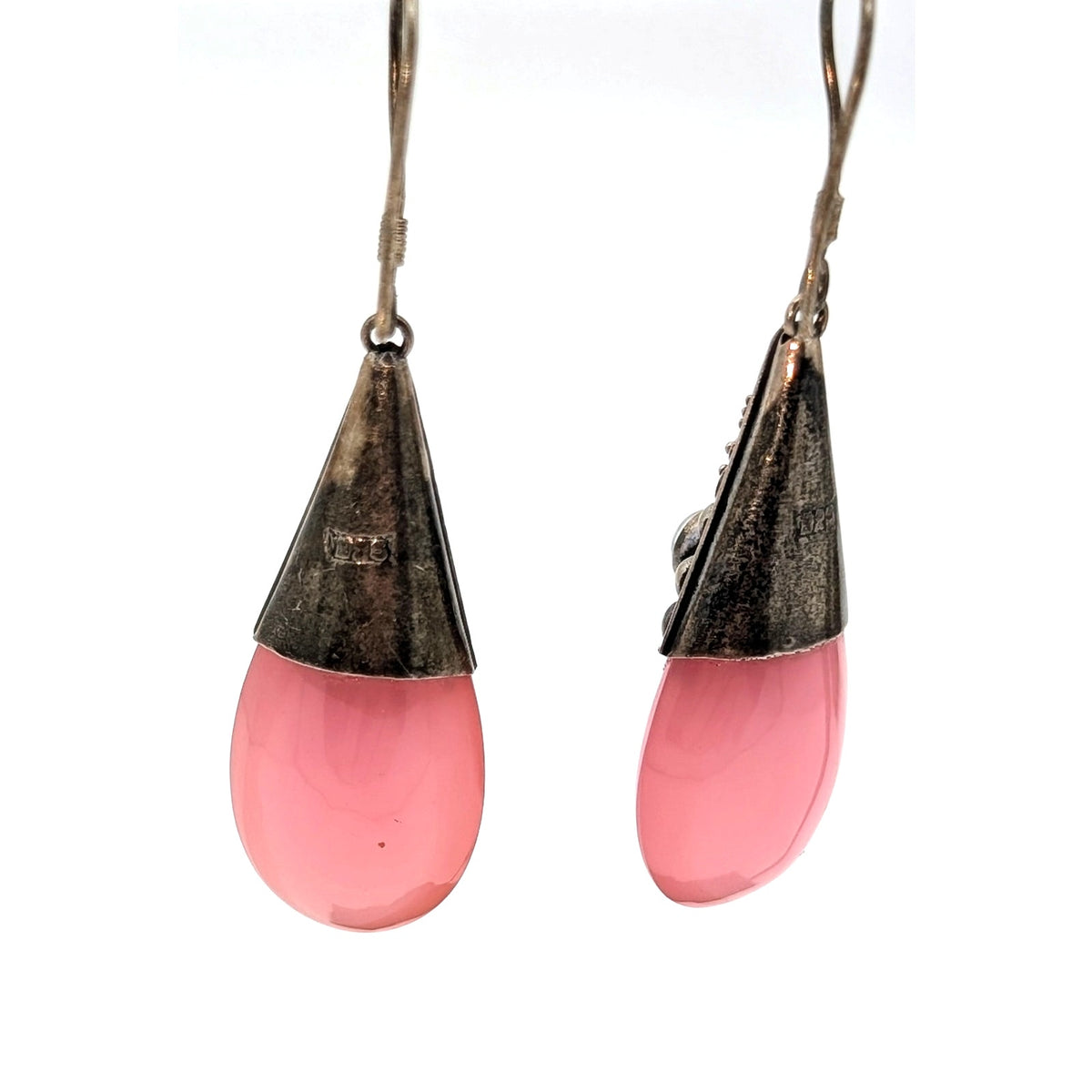Vintage 925 Sterling Silver Pink Opalite Dangle Tribal Balinese Earrings