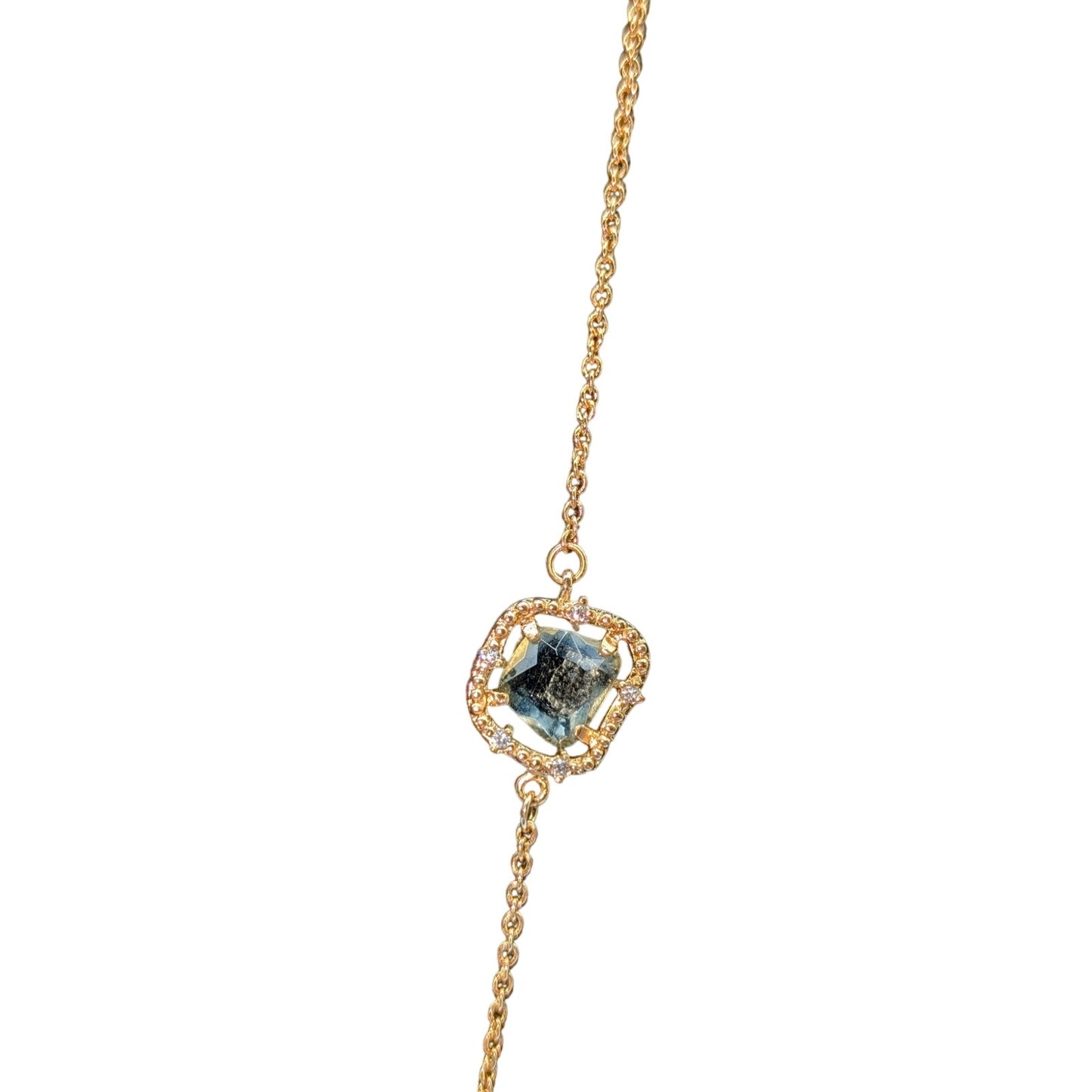 Hand-Crafted Abstract Blue Green Glass Crystal & CZ Gold Plated Chain Necklace