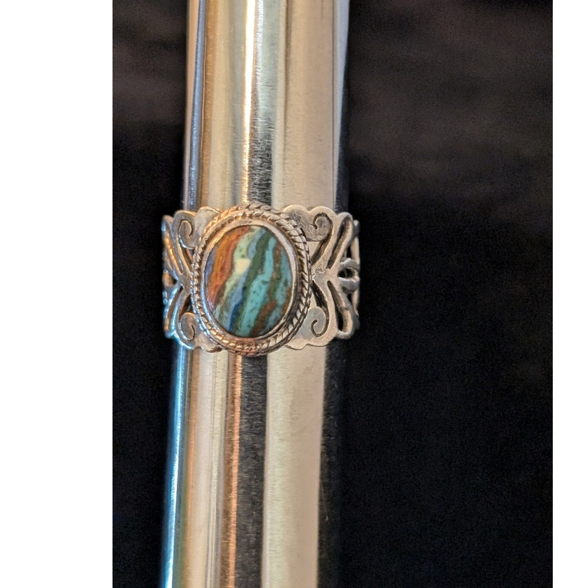 925 Sterling Silver Filigree Rainbow Calsilica Stone Ring Size 6.25