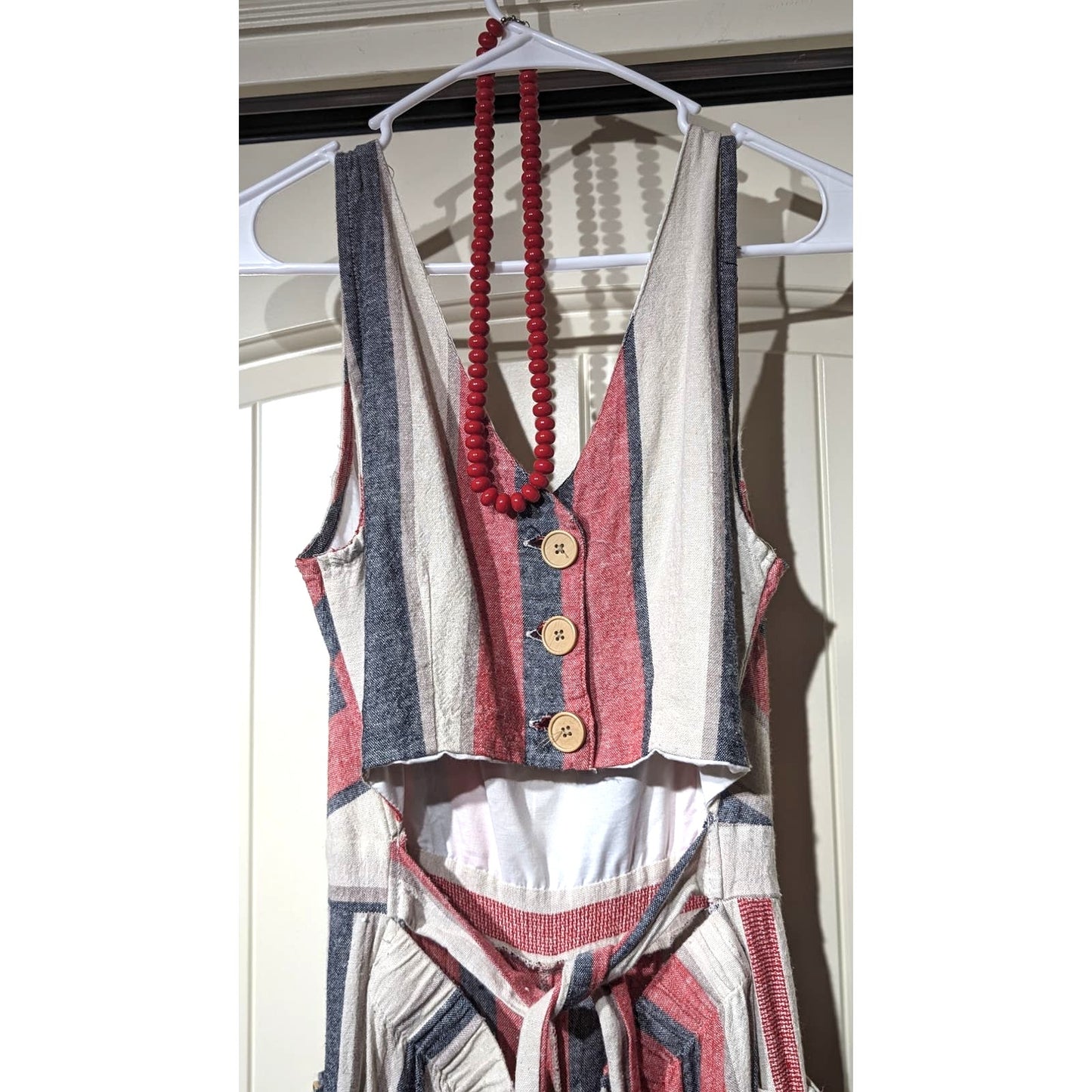 Indigo Rein Linen Blend Stripe Cut Out Tie Back Jumpsuit Womens Sz M