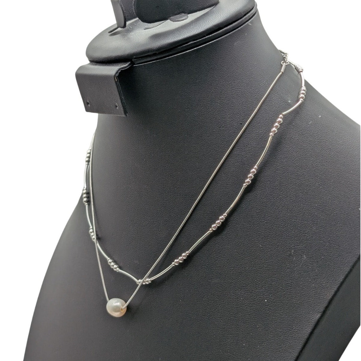 Lot of Two Silver Tone Necklaces -- Napier Bead Curved Bar & Pearl Bead Chain