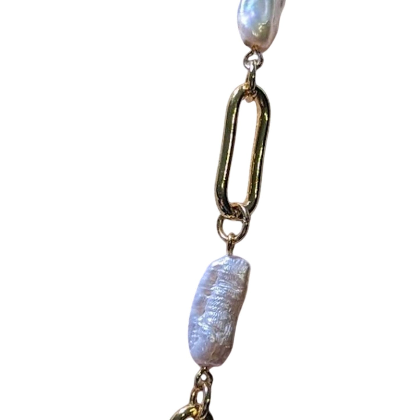 Paper Clip Gold Tone Link and Fresh Water Baroque Nugget Faux Pearl Necklace
