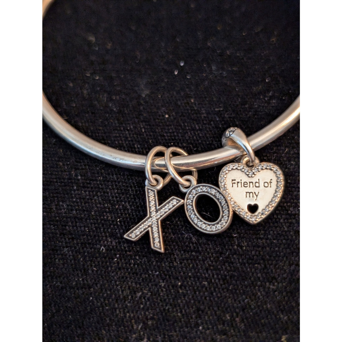 Pandora's Modern Classic Silver Bangle W/ Rose Metal Blend & Three Charms