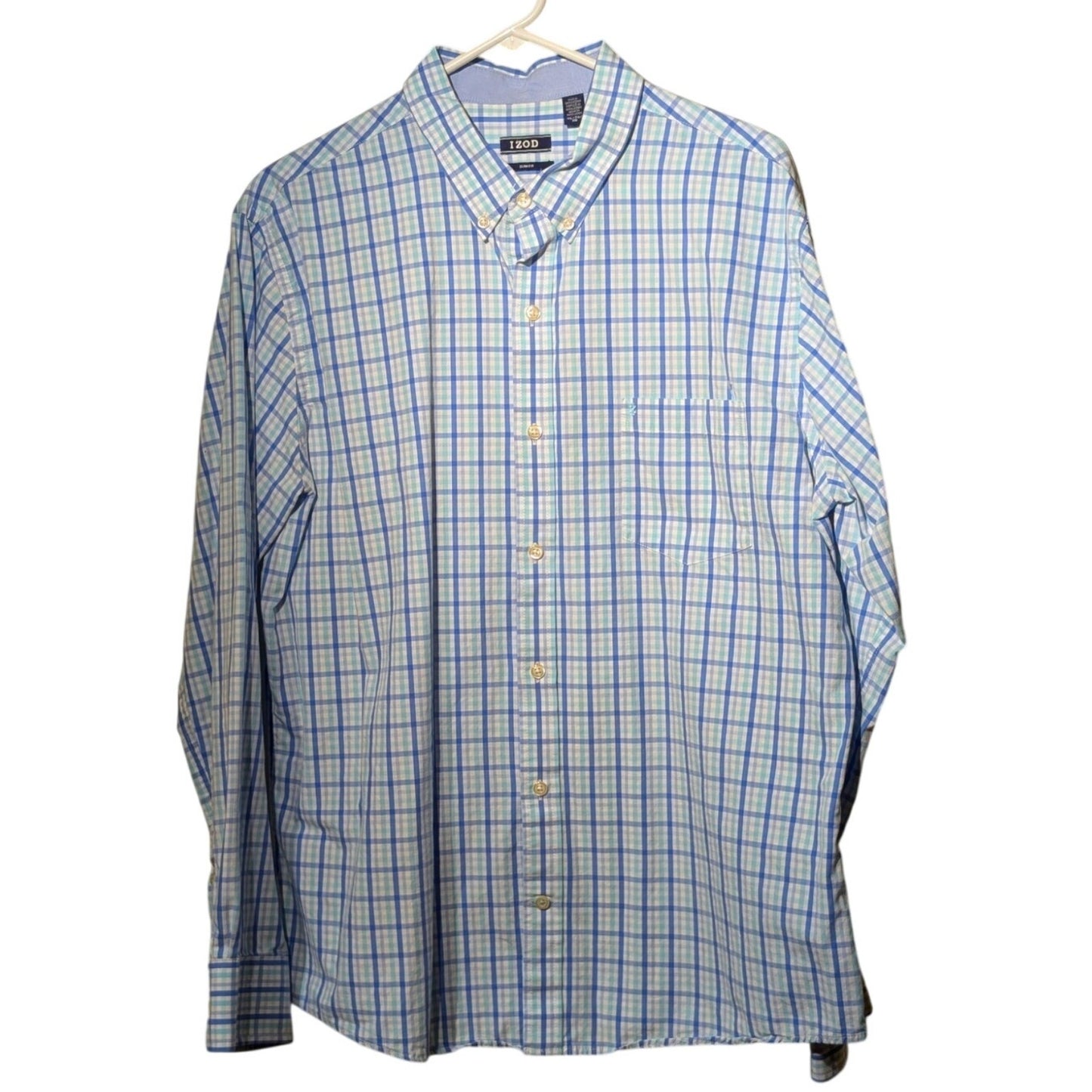 Izod Slim Fit Blue Green Plaid Cotton Button Down Long Sleeve Shirt Mens Sz XL