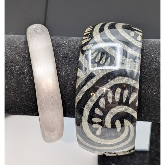 Lot of Two Vintage Black & Frosty White/Silver Bangle Lucite Bracelets