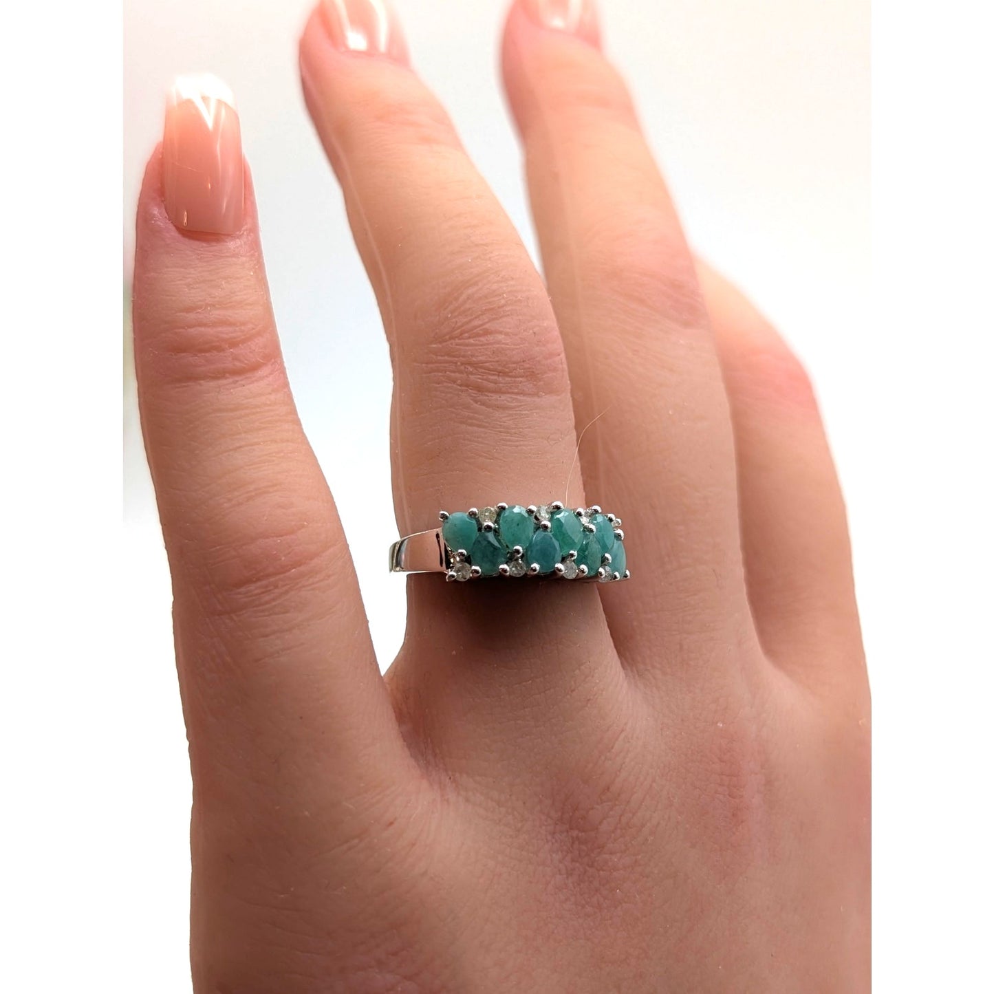 925 Sterling Silver Emerald & Diamond Ring Size Almost 6