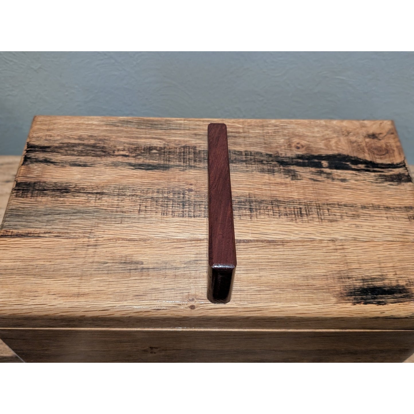 Hand Crafted Hinged Oak Box W/ Purple Heart Wood Handle Approximately 8" X 13.5"