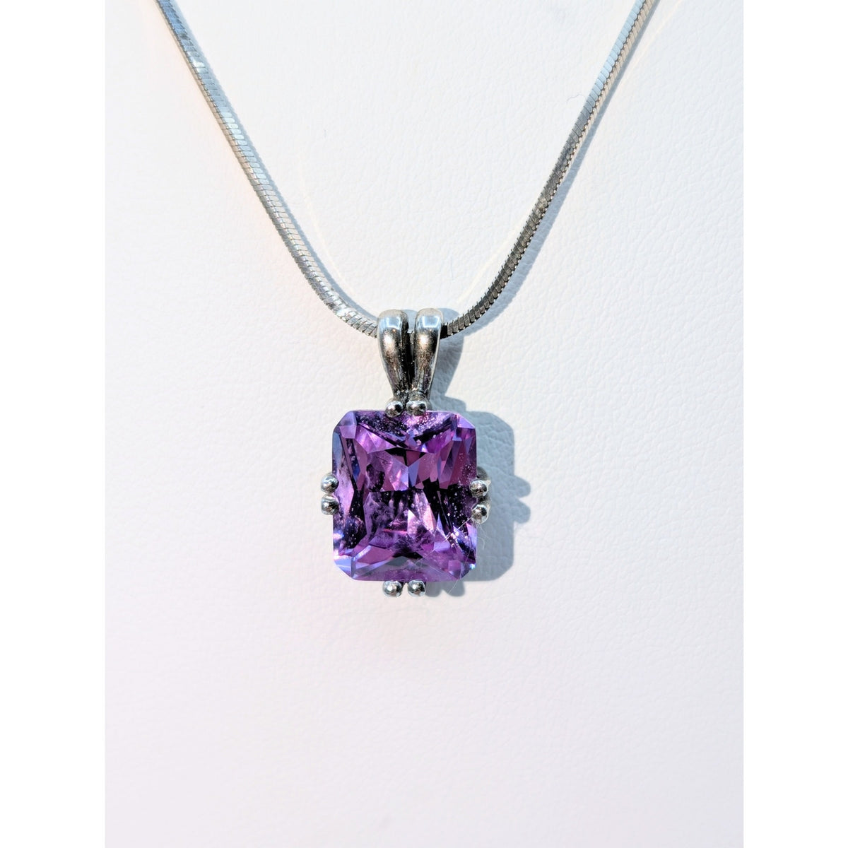 925 Sterling Silver Square Herringbone 20" Chain Lavender CZ Pendant Necklace