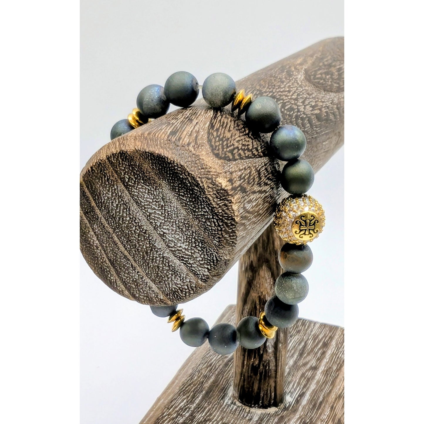 Gray Stone Gold Tone Pave Ball Stretch Bead Bracelet
