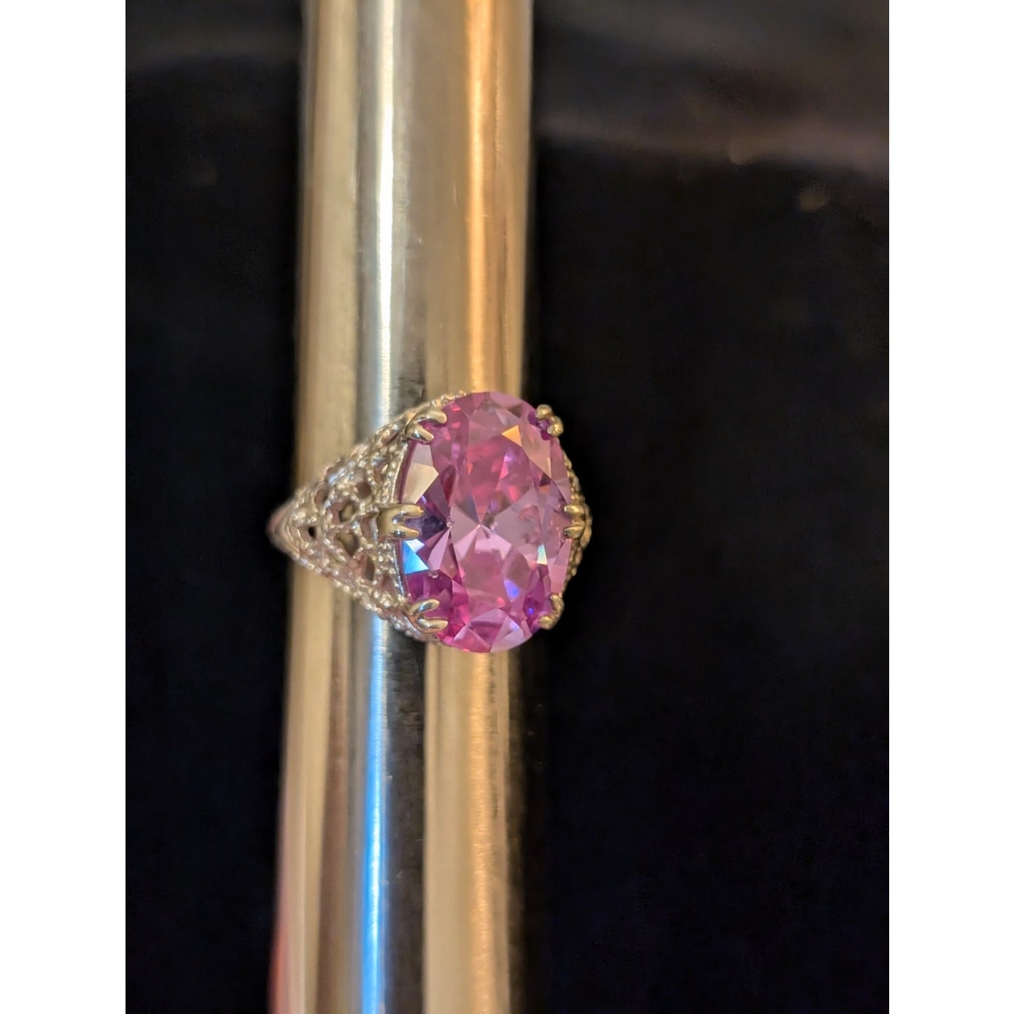 Large Brilliant Rose de France Crystal CZ 925 Sterling Filigree Ring Size 7.75