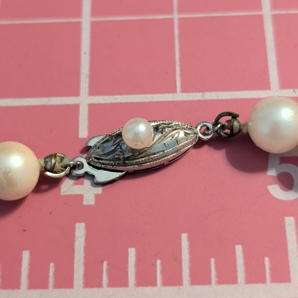 Vintage Sterling Silver Clasp Hand Knotted 12mm Faux Pearl 15.5" Necklace