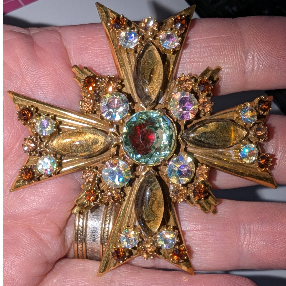 Vintage Florenza Watermelon Maltese Cross Rhinestone Art Glass Brooch Pendant