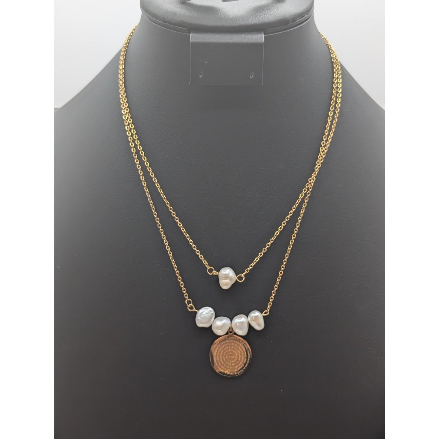Gold Stainless Steel Pearl Double Strand Spanish 'Our Father' 17.5" Necklace