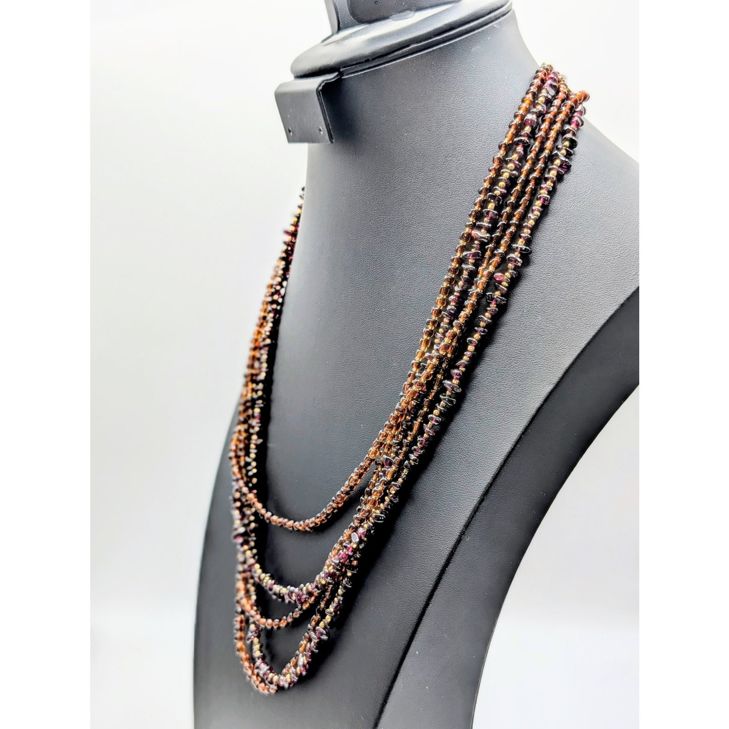 Vintage Five Strand Brown Glass Bead Garnet Chip & Gold Bead 24" Necklace