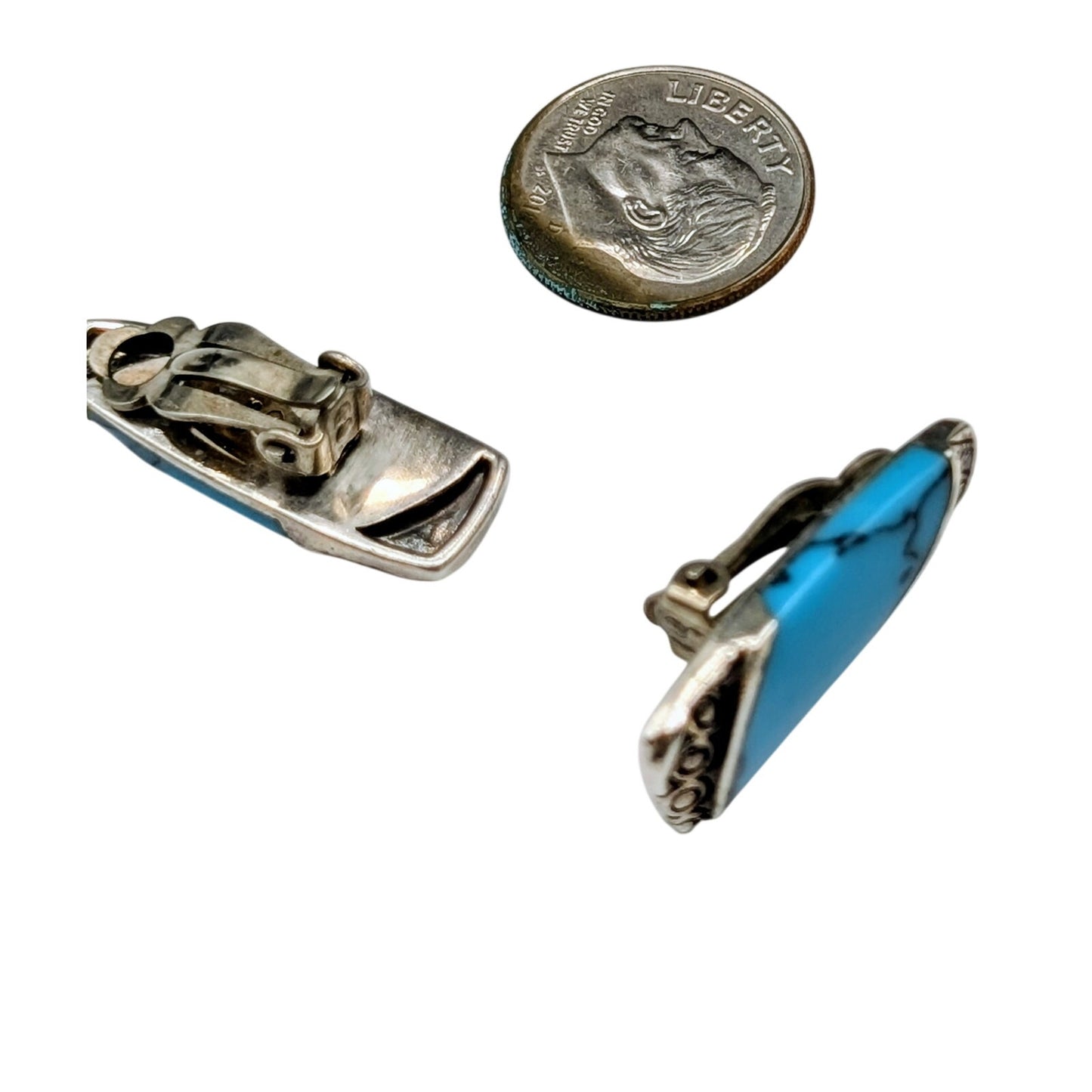 Vintage 925 Sterling Silver Turquoise Elongated Clip Earrings Marked 'b'