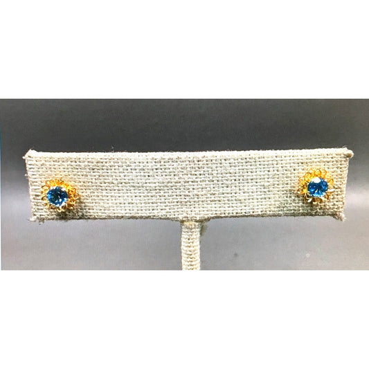 14k Yellow Gold Blue Spinel Delicate Floral Stud Earrings