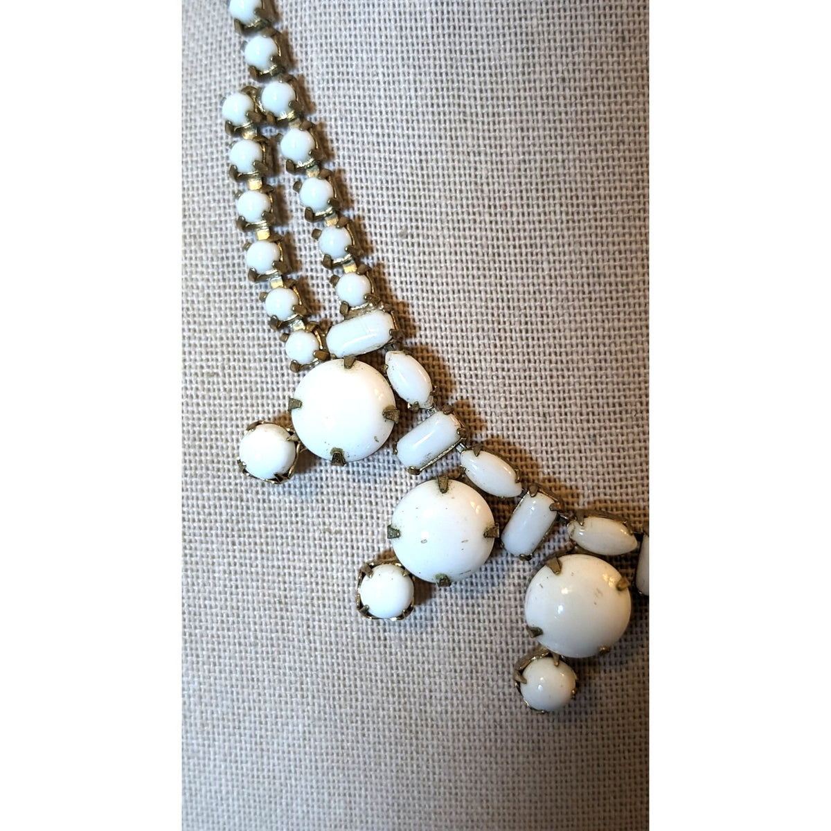 Vintage Prong Set Milk Glass Cabochon 16" Necklace W/ Hook Clasp