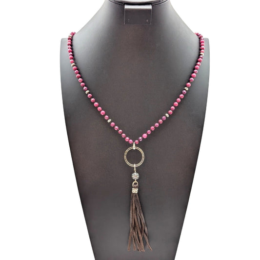 Lucky Brand Boho Wine Crystal Rhinestone Leather Tassel 34"-35.5" Necklace