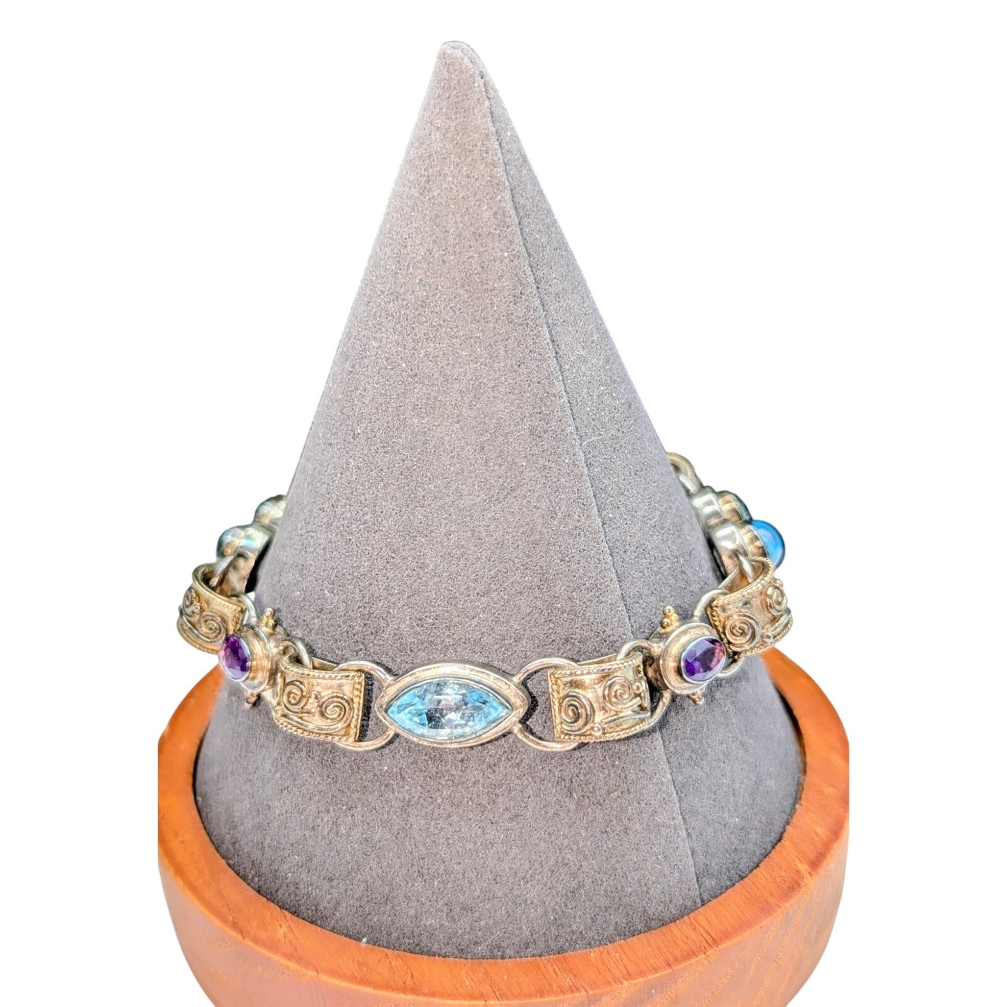Vtg 925 Sterling Silver Blue & Purple Gemstone Etruscan Design Toggle Bracelet
