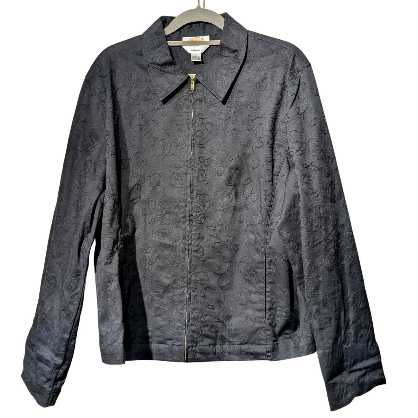 Vtg Black Cotton Stretch Full Zip Soutache Top Stitch Design Unlined Jacket Sz L