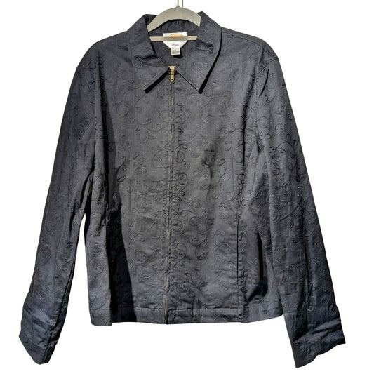 Vtg Black Cotton Stretch Full Zip Soutache Top Stitch Design Unlined Jacket Sz L
